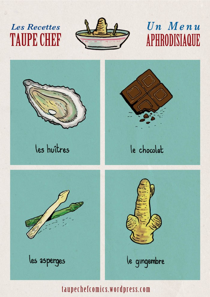 Recettes Taupe Chef : aliments aphrodisiaques - dessins de Gilderic