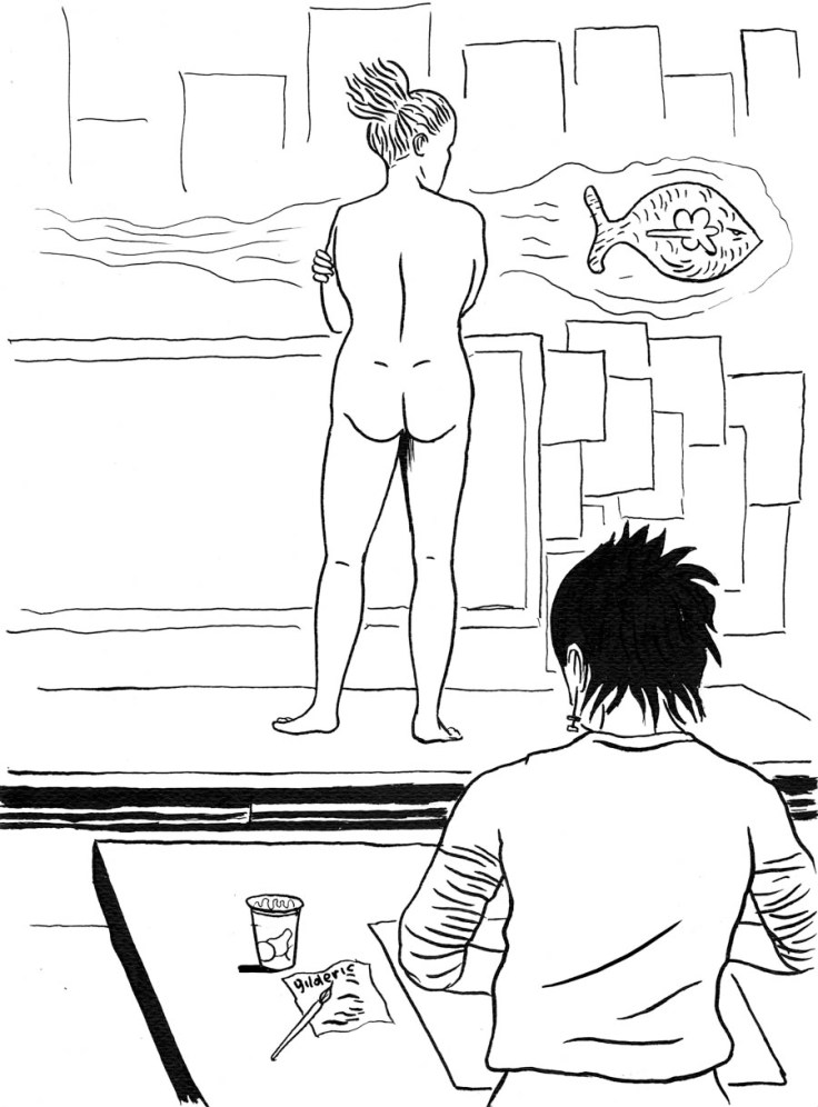 Des visages, des figures : le modèle et le poisson (nu de dos) - Dessin de Gilderic