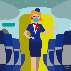 Hôtesse de l'air dans un avion après le déconfinement (flat design illustration)