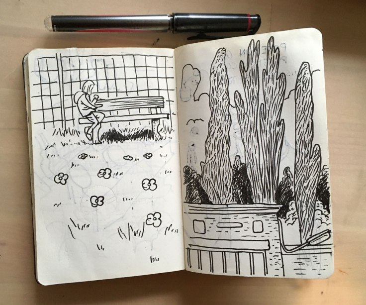 Dessins dans un petit carnet Moleskine, faits à la plaine de jeu