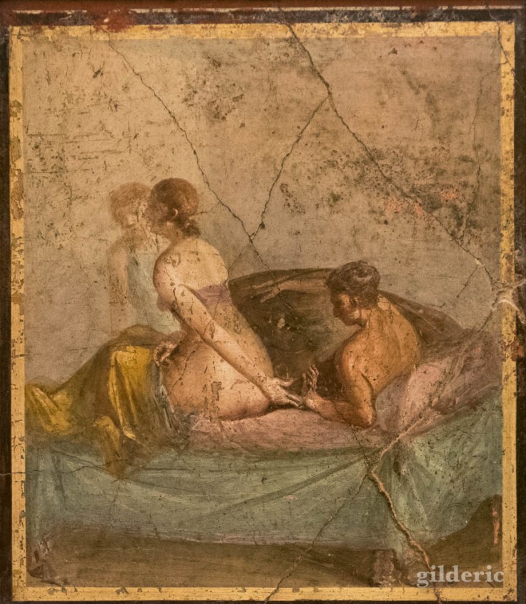 Fresque érotique de Pompéi (couplent pleine étreinte) au Musée archéologique de Naples
