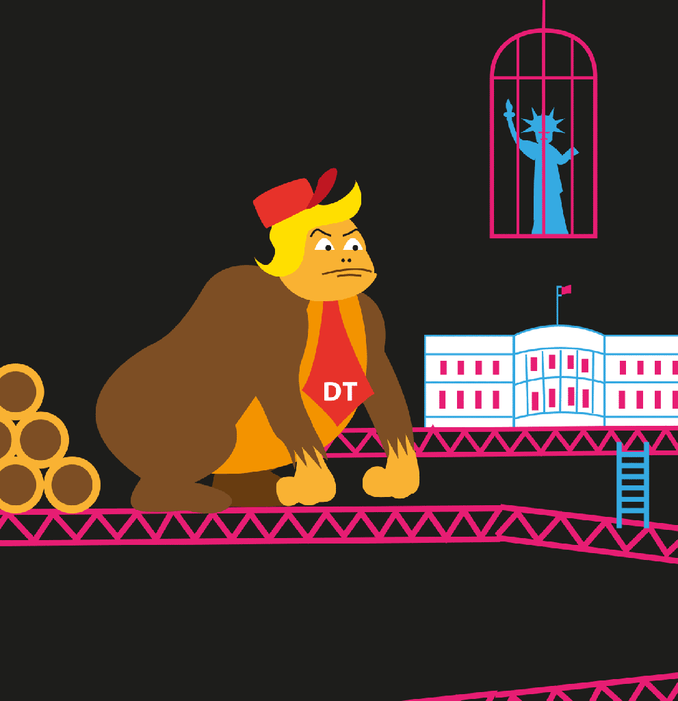 Donkey Trump : détail de l'llustration montrant Kong, la statue de la Liberté et la Maison-Blanche (illustration vectorielle animée en GIF)