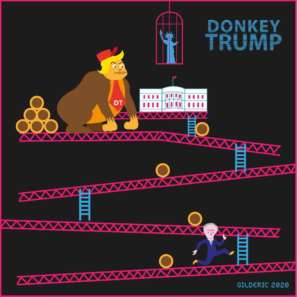Donkey Trump : caricature animée de Donald Trump qui parodie le jeu vidéo Donkey Kong (GIF)