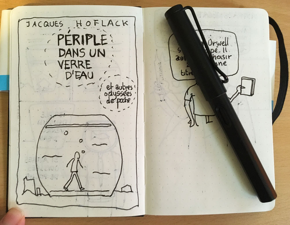 Périple dans un verre d'eau - premier croquis de la couverture (dans mon petit carnet à dessin)