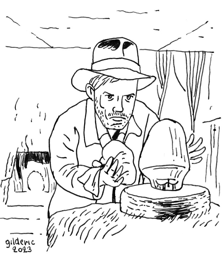 Indiana Jones dessiné façon ligne claire, à la manière de Hergé ou Jacobs