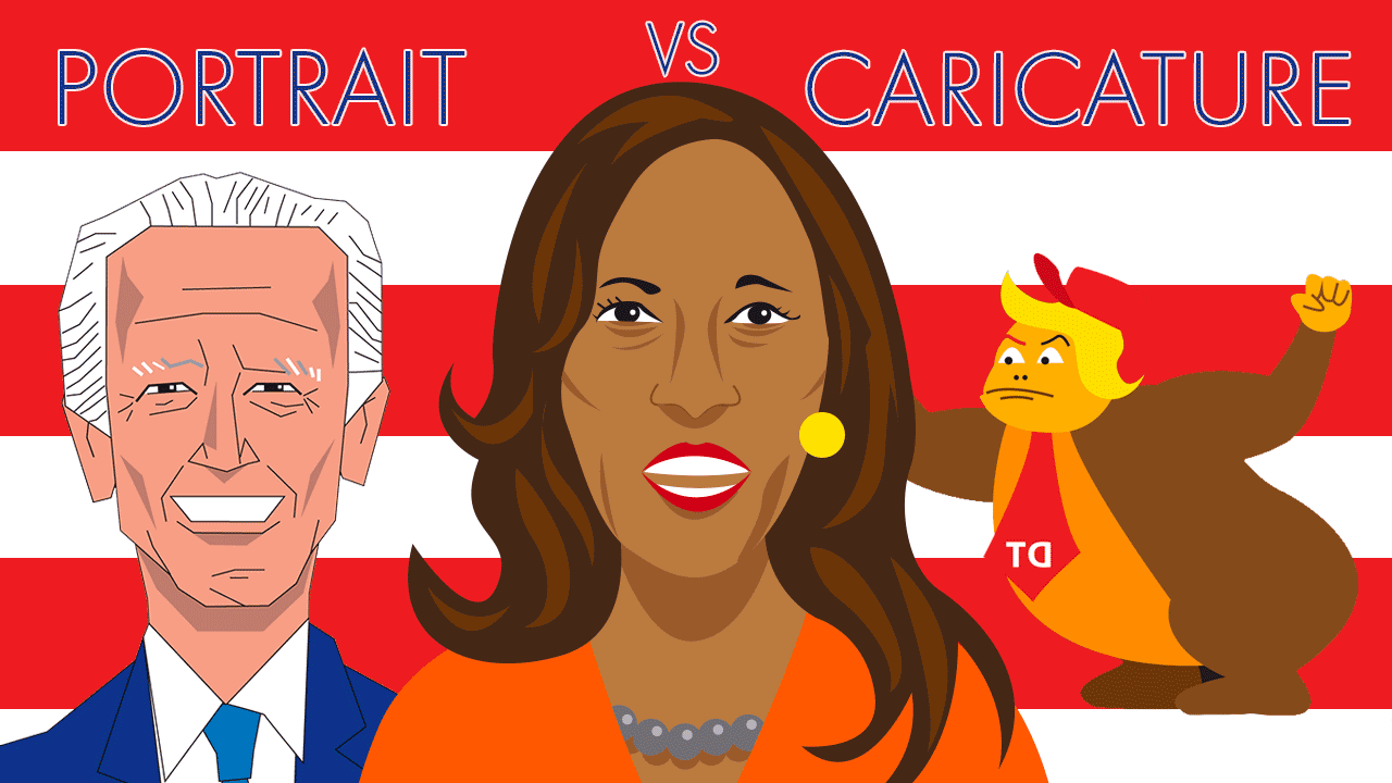 Portrait vs caricature : Biden, Kamala Harris et Trump