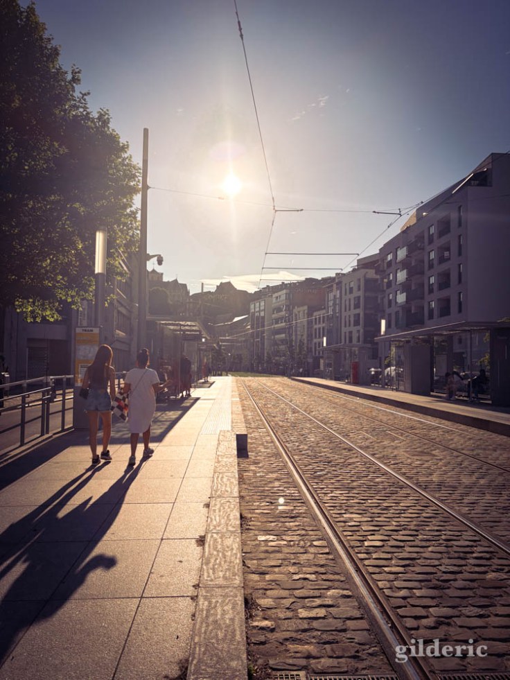 Solei brûlant sur les lignes du tram, à Liège